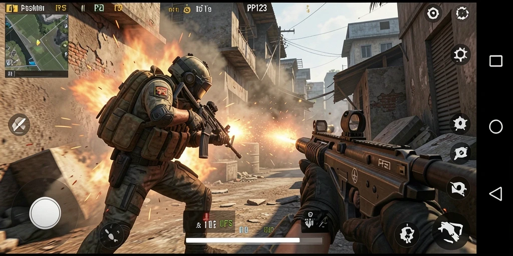Screenshot gameplay PP123 menampilkan aksi tembak-menembak yang intens.